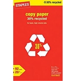 Staples 30% Recycled Legal Size Copy Laser Inkjet Printer Paper, 8 1/2 x 14 inch, 20 lb., 92 Bright White, Acid Free, Ream, 500 Total Sheets - 580525
