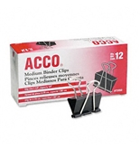 ACCO Metal Binder Clips, Medium Size, 1.25 Inch Width, 0.63 Inch Capacity, Black/Silver, 12 Clips per Box (A7072050)
