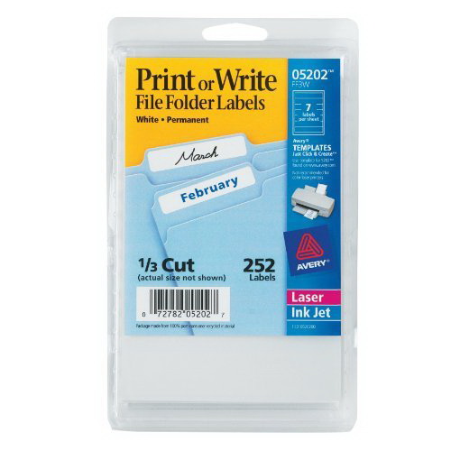 1/3 Cut White - 1 Laser and Inkjet Printers 05202 Avery File Folder Labels Pack of 252