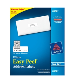 Avery Easy Peel Address Labels, Inkjet Printers, White, 1 x 2-5/8 Inch, Box of 750 empty address labels  - 25 Sheets / 30 per Sheet  - 08160