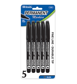 BAZIC Black Fine Tip Permanent Markers with Pocket Clip (5/Pack)