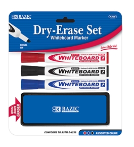 BAZIC 3 Asst. Color Chisel Tip Dry Erase Marker with Eraser