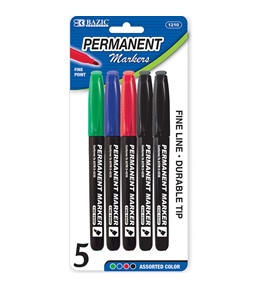 BAZIC Asst. Color Fine Tip Permanent Markers with Pocket Clip (5/Pack)