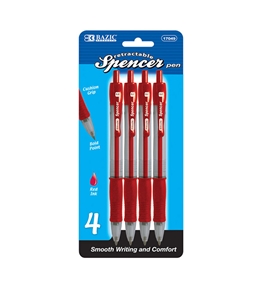 BAZIC Spencer Red Retractable Pen with Cushion Grip (4/Pack)