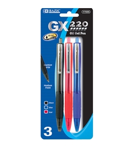 BAZIC GX-220 Asst. Color Retractable Oil-Gel Ink Pen with Cushion Grip & Metal Clip (3/Pack)