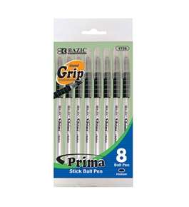 BAZIC Prima Black Stick Pen with Cushion Grip (8/Pack)