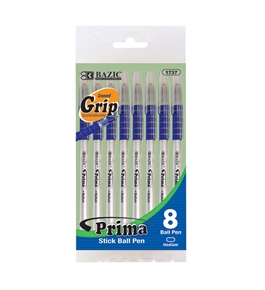 BAZIC Prima Blue Stick Pen with Cushion Grip (8/Pack)