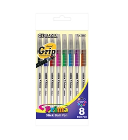 BAZIC 8 Color Prima Stick Pen with Cushion Grip