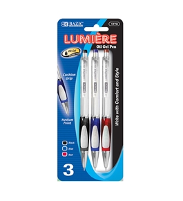 BAZIC Lumiere Asst. Color Retractable Oil-Gel Ink Pen with Grip (3/Pack)