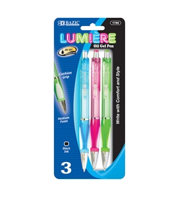 BAZIC Fancy Lumiere Retractable Oil-Gel Ink Pen with Cushion Grip (3/Pack)