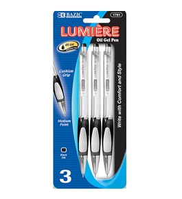 BAZIC Lumiere Black Retractable Oil Gel Ink Pen with Grip (3/Pack)