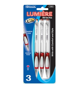 BAZIC Lumiere Red Retractable Oil Gel Ink Pen with Grip (3/Pack)