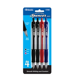 BAZIC Spencer Asst. Color Retractable Pen with Cushion Grip (4/Pack)