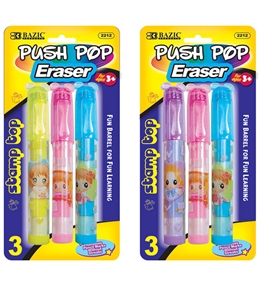 BAZIC Fancy Push-Pop Pencil Eraser with Stamp Top (3/Pack)