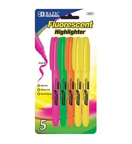 BAZIC Pen Style Fluorescent Highlighter with Pocket Clip (5/Pack)