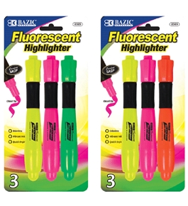 BAZIC Desk Style Fluorescent Highlighters with Cushion Grip (3/Pack)