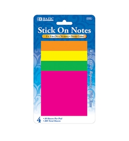 BAZIC 40 Ct. 3 X 3 Neon Stick On Notes (4/Pack)