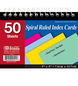 BAZIC 50 Ct. Spiral Bound 3 X 5 Ruled Colored Index Card
