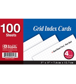 BAZIC 100 Ct. 3 X 5 Quad Ruled 4-1 White Index Card