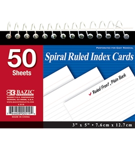BAZIC 50 Ct. Spiral Bound 3 X 5 Ruled White Index Card