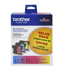 Brother 3-Pack Ink Cartridge, 500 Page-Yield, Cyan Magenta Yellow - LC61CL