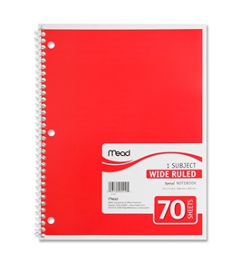Mead 05510 Spiral Bound Notebook, Wide Rule, 8 x 10.5, White, 1 Subject 70 Sheets
