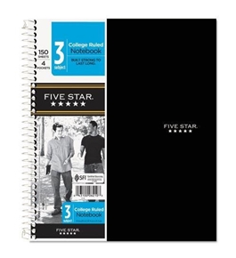 FiveStar 6210 Wirebound Notebook, College Rule, 3 Subject 150 Sheets