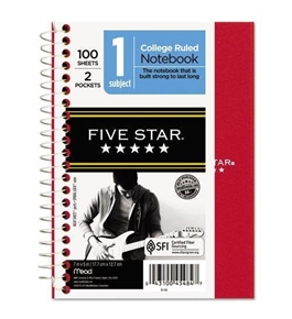 FiveStar 45484 Wirebound Notebook, College Rule, 5 x 7, Perforated, Poly Cover, 100 Sheets