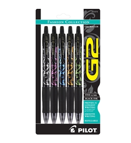 Pilot G2 Fashion Collection Gel Roller Pens, Fine Point, Black Ink, Silver, Pink, Blue, Orange, Green Design Barrels, 5-Pack (31373)