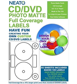 Neato Full Coverage Photo Matte White Cd / DVD Label for Inkjet Printers, 100 Labels, 2up - 50 Sheets - CLP-19235