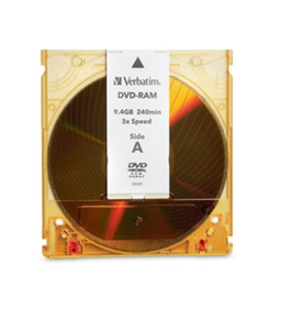 Verbatim DVD-RAM 9.4GB 3X Double Sided, Type 4 with Branded Surface - 1pk with Cartridge,Minimum Qty. 5 - 95003