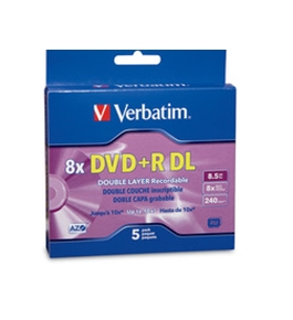 Verbatim DVD+R DL 8.5GB 8X with Branded Surface - 5pk Jewel Case Box,Minimum Qty. 8 - 95311