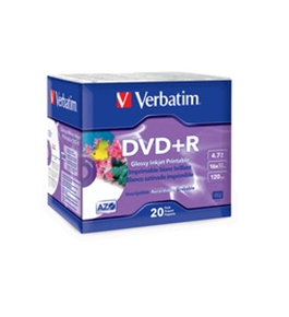 Verbatim DVD+R 4.7GB 16X Glossy White Inkjet Printable 20pk Slim Case,Minimum Qty. 6 - 96122