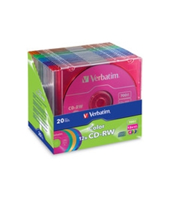 Verbatim CD-RW 700MB 4X-12X DataLifePlus with Color Branded Surface and Matching Case - 20pk Slim Case, Assorted,Minimum Qty. 6 - 96685