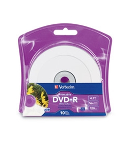 Verbatim DVD+R 4.7GB 16X White Inkjet Printable with Branded Hub - 10pk Blister,Minimum Qty. 6 - 96940