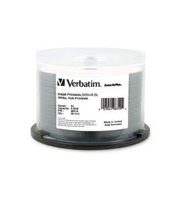 Verbatim DVD+R DL 8.5GB 8X DataLifePlus White InkJet Printable, Hub Printable - 50pk Spindle ,Minimum Qty. 4 - 98319