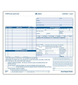 Adams Auto Repair Order Forms, 8.5 x 7.44 Inch, 3-Part, Carbonless, 50-Pack, White and Canary (GT3870)