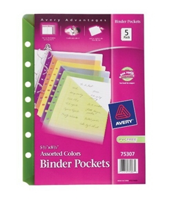 Avery Binder Pockets, Fits 3-Ring and 7-Ring Binders, Assorted, Pack of 5 (75307)