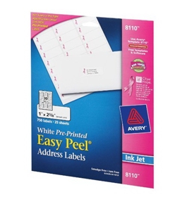 Avery Easy Peel Address Labels for Ink Jet Printers, Preprinted Pink BCA Ribbon 1 x 2.625 Inch, White