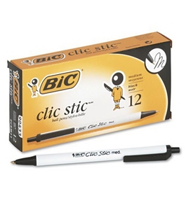 Bic Clic Stic Retractable Ball Pen, Medium Point (1.0 mm), Black, 12 Pens