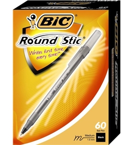 BIC Round Stic Ball Pen, Medium Point, 1.0 mm, Black, 60 Pens (GSM609-Blk)