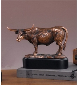 Bronze Longhorn Steer Sculpture - 7" Tall x 10" Wide - Woodtone Base 7" x 3" x 1.5" High