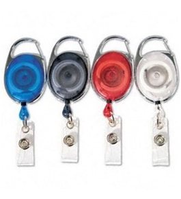 GBC BadgeMates Translucent Carabiner Badge Reels, 4 Reels, 1 Each in Red, Clear, Black, and Blue (3747498)