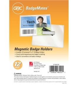 GBC Magnetic Badge Holders, 3 Touch Point Magnet, For Horizontal 4 x 3-Inch Inserts, Clear, 12 Pack (3748102)