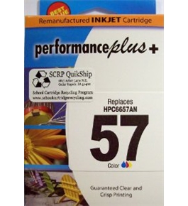 Genuine SCRP QuikShip Remanufactured HP 57 C6657AN High Yield Tricolor for printers Officejet 4110 and 4215 in pictured retail box.