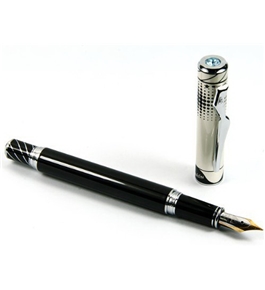 Luxury Blue Crystal Cap, Silver Carved Ring Black Fountain Pen Nib M 18kgp with Push in Style Ink Conv