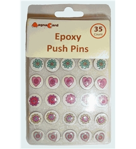 Magna Card Epoxy Push Pins, Contemporary Heart and Flower Design, Light Blue/Yellow/Pink/Purple, 2 packs of 35 (42405)