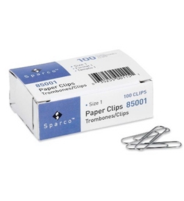 Paper Clips, Size 1, Regular, .033 Wire Gauge, 100/Box, Silver