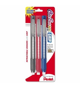 Pentel Clic Eraser Grip Retractable Eraser with Grip, Assorted Barrels, 3 Pack (ZE21BP3-K6)