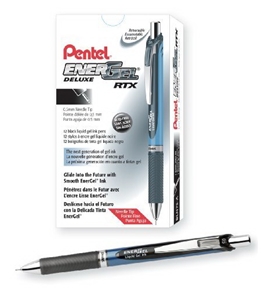 Pentel EnerGel Deluxe RTX Retractable Liquid Gel Pen, Fine Line, Needle Tip, Black Ink, Box of 12 (BLN75-A)